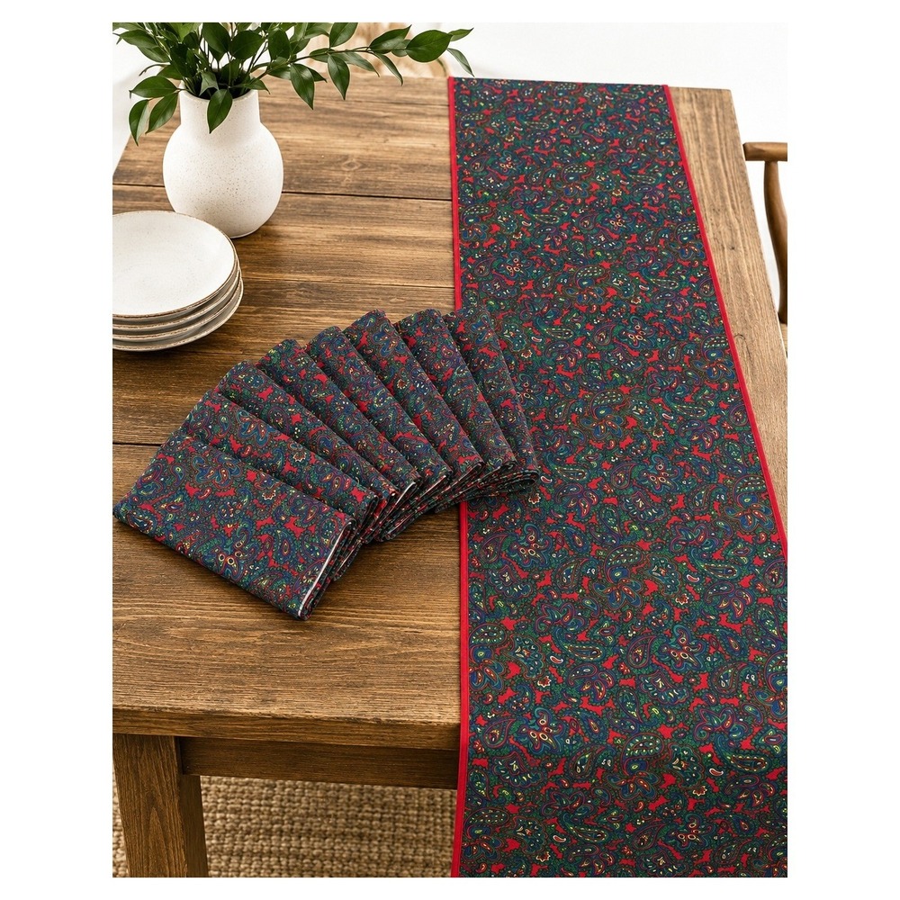 Vintage Cotton Paisley Table Runner & 8 Napkins Red Green Holiday Linen Set 90s